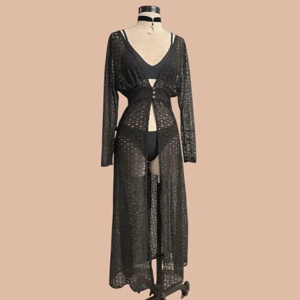 Black Sheer Lace Duster Maxi Cardigan Long Sleeve Beach Cover up